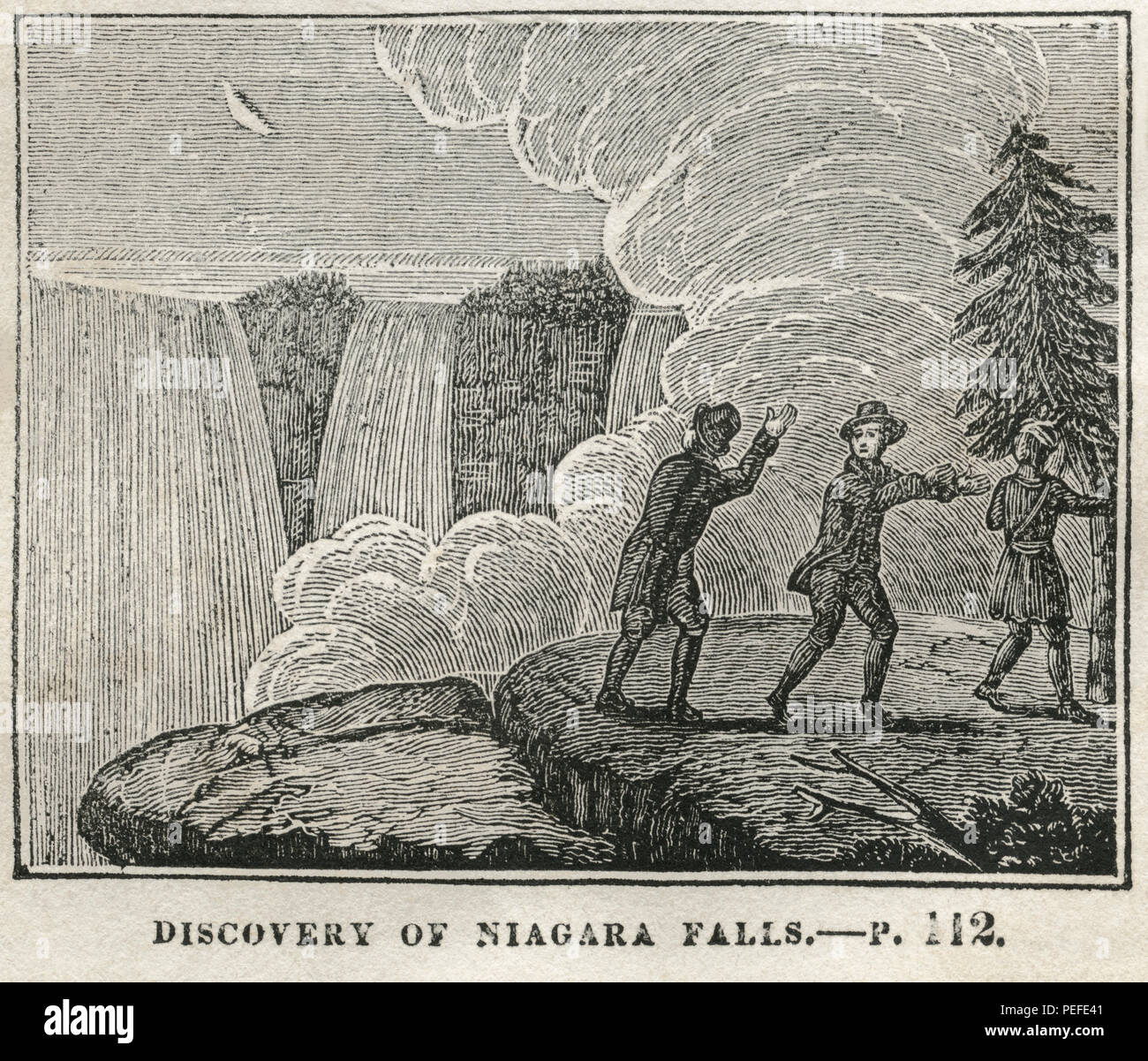 Discovery of Niagara Falls, Illustration from the Book, Historical Cabinet, L.H. Young Publisher, New Haven, 1834 Stock Photo