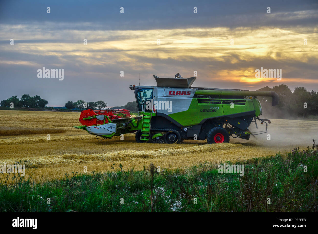 Combine harvester working a field of corn as the sun sets in the back ground Stock Photo