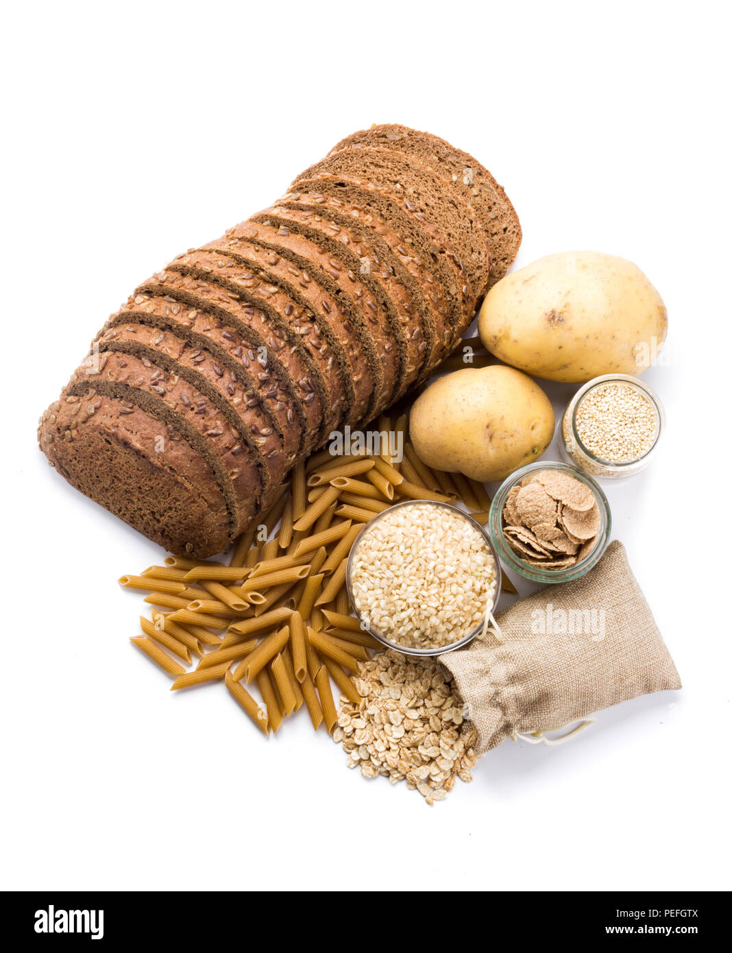 Group of whole foods, complex carbohydrates isolated on a white background Stock Photo