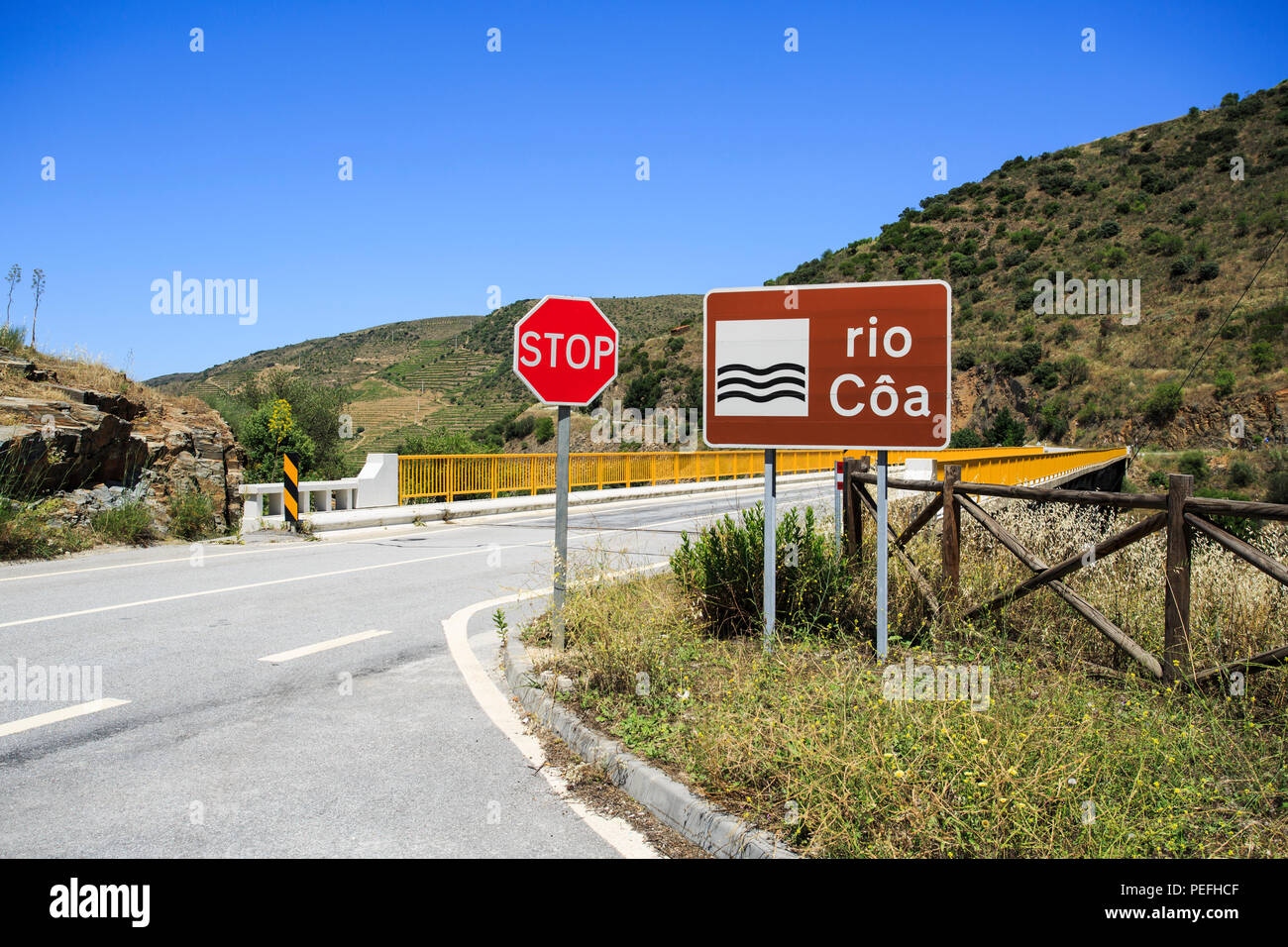 View of the bridge over the Coa River belonging the the Douro catchment in Portugal Translation: Coa River Stock Photo