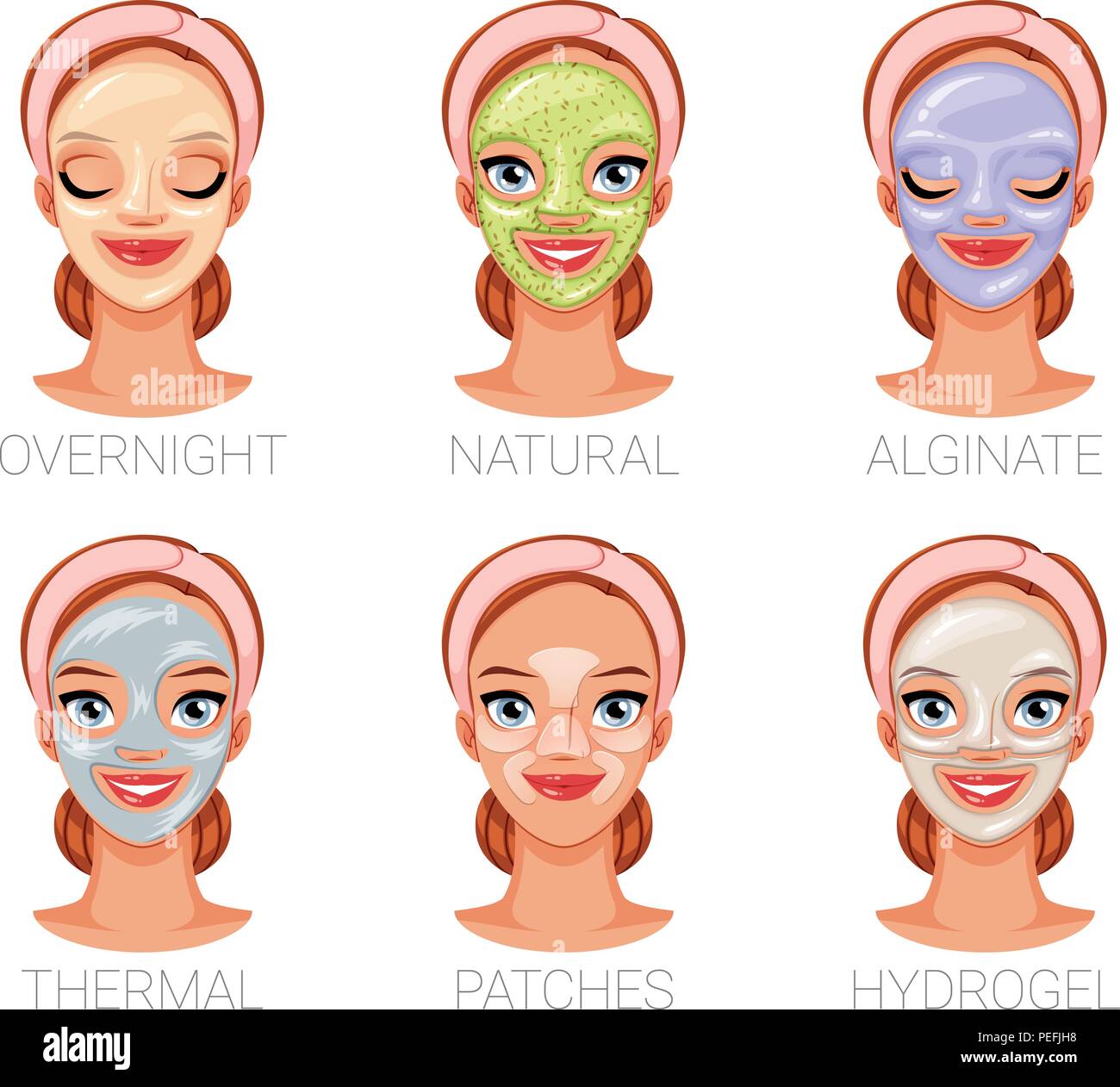 Woman with different facial cosmetic masks. Set of vector illustrations isolated on white background. Stock Vector