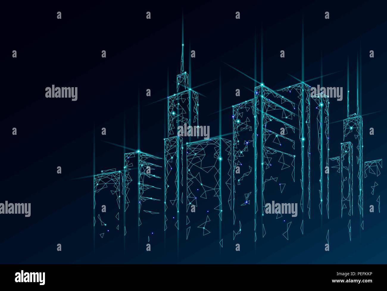 Low poly smart city 3D wire mesh. Intelligent building automation system business concept. Web online computer networking. Architecture urban cityscape ...