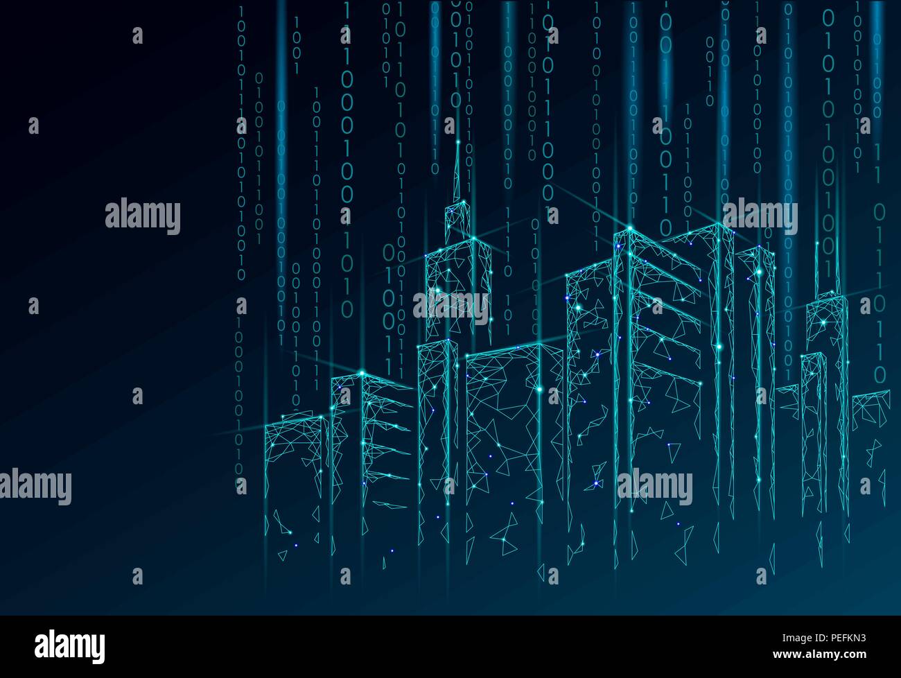 Low poly smart city 3D wire mesh. Intelligent building automation system business concept. Binary code number data flow. Architecture urban cityscape ...