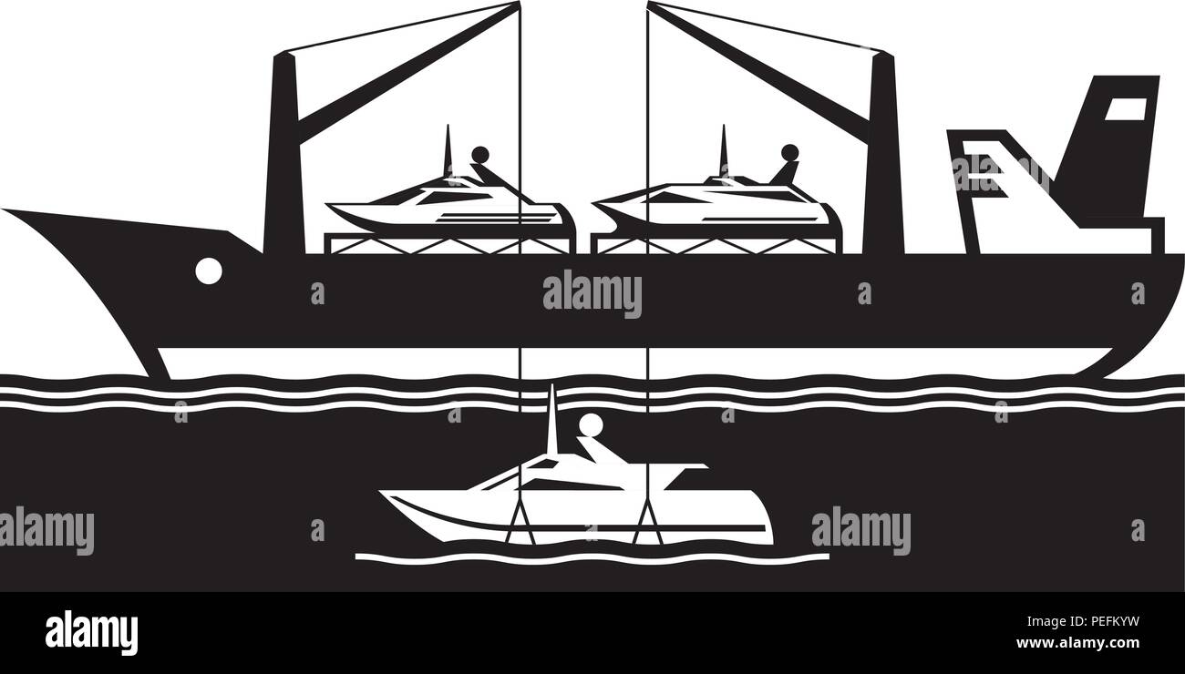 Freight carrier ship loading yacht - vector illustration Stock Vector