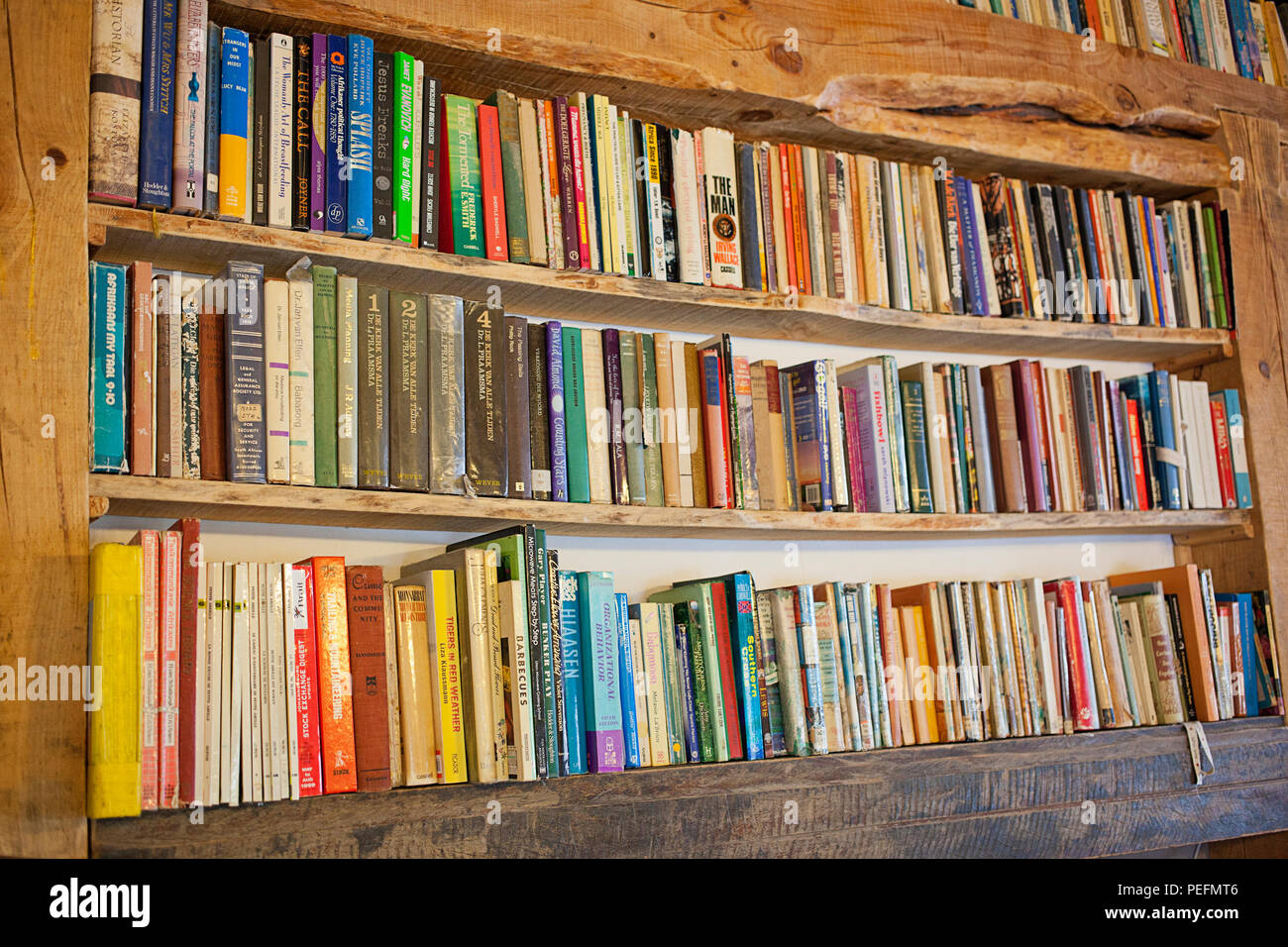 Old books in a wooden bookshelf Stock Photo