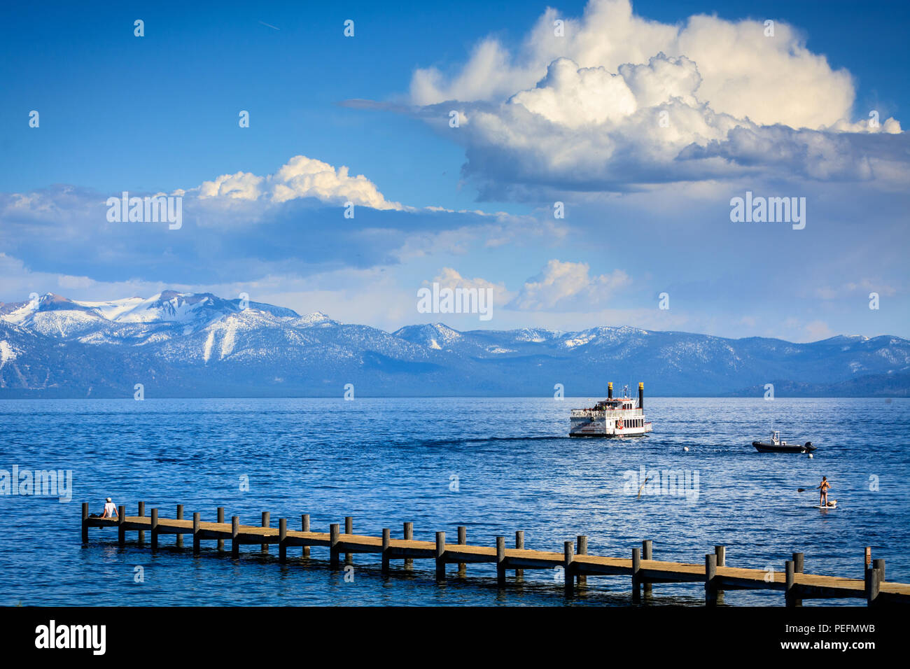 The scene from a pier in Tahoe City, California on a picturesque day at Lake Tahoe. Stock Photo