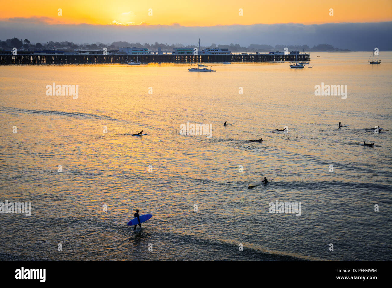 Surfers starting the morning early as they practice riding waves on the Santa Cruz shoreline. Stock Photo