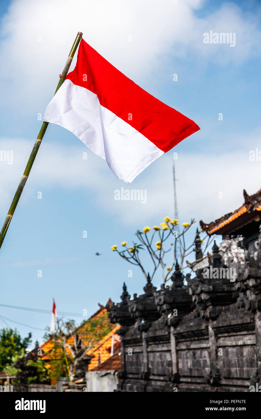 Flags at the streets of Bali before celebration on Indonesian