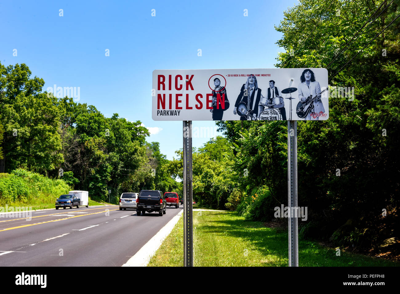 A street sign for Rick Nielsen Place in Rockford, Illinois Stock Photo