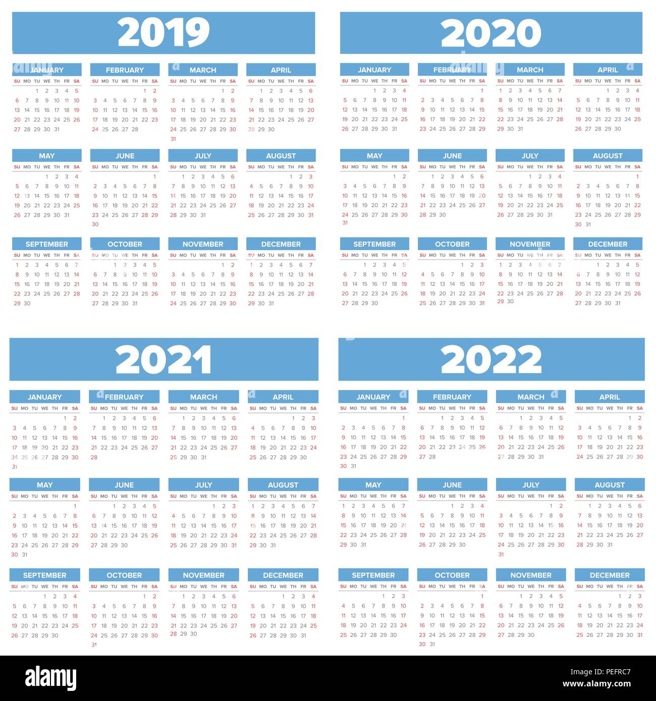 Simple 2019-2022 year calendar set, week starts on Sunday Stock Vector  Image & Art - Alamy