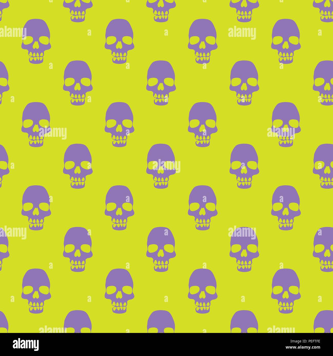 Seamless pattern with violet skulls on yellow background Stock Vector