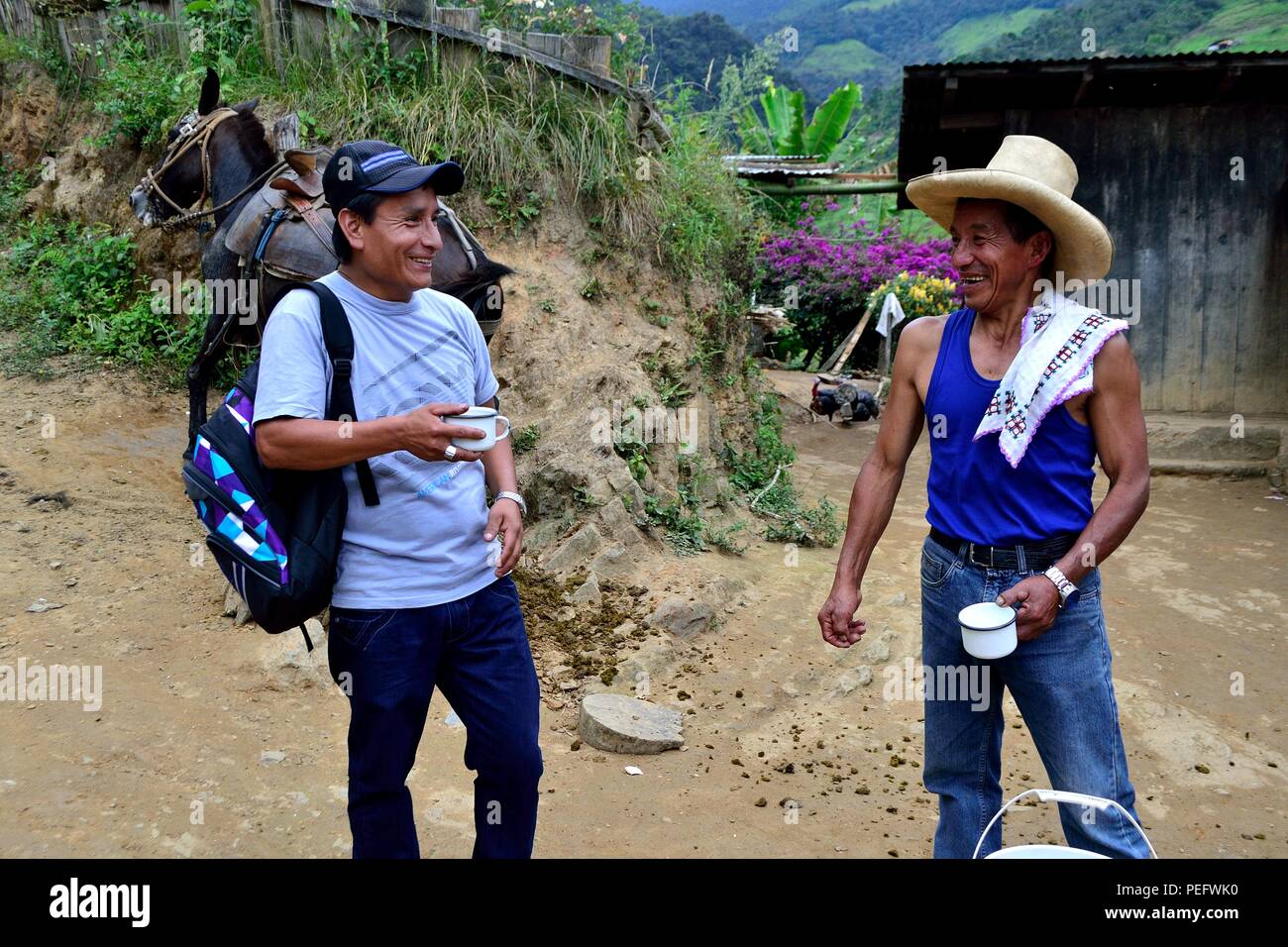 Drinking chicha - Race - Fiestas Virgen del Carmen in LA ZUNGA - Ecuador border -San Ignacio- Department  of Cajamarca .PERU         Stock Photo