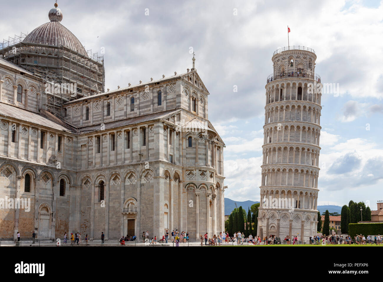On the 'Field of Miracles' at Pisa (Tuscany - Italy), the Cathedral and the Campanile (also known throughout the world as the 'leaning tower'). Stock Photo