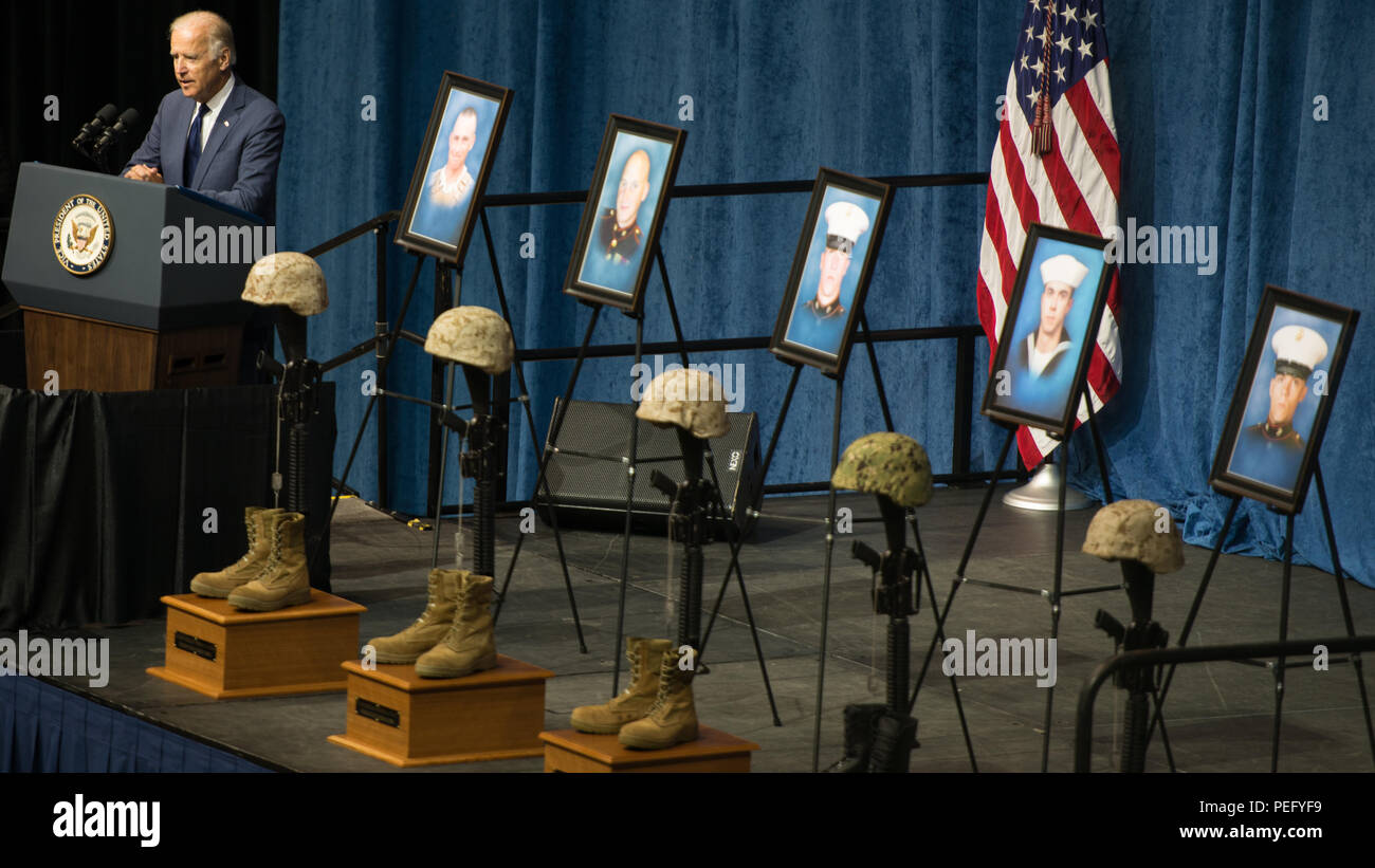 Joseph R. Biden, the vice president of the United States, speaks at the McKenzie Arena during the Chattanooga memorial service at the University of Tennessee at Chattanooga, Aug. 15. Four Marines and one sailor died during a shooting in Chattanooga, Tenn., July 16, 2015. During the service, special guests including the vice president, Secretary of Defense Ashton Carter, Secretary of the Navy Ray Mabus, 36th Commandant of the Marine Corps Joseph F. Dunford, Chief of Naval Operations Adm. Jonathan W. Greenert and family members of the deceased service members, came to pay their last respects to  Stock Photo