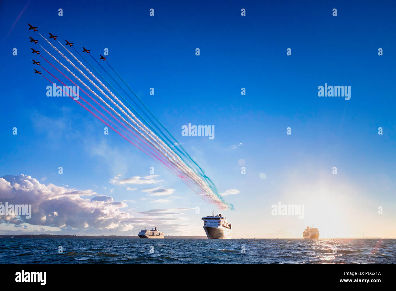 The Red Arrows perform over Cunard's three queens, Queen Elizabeth ...