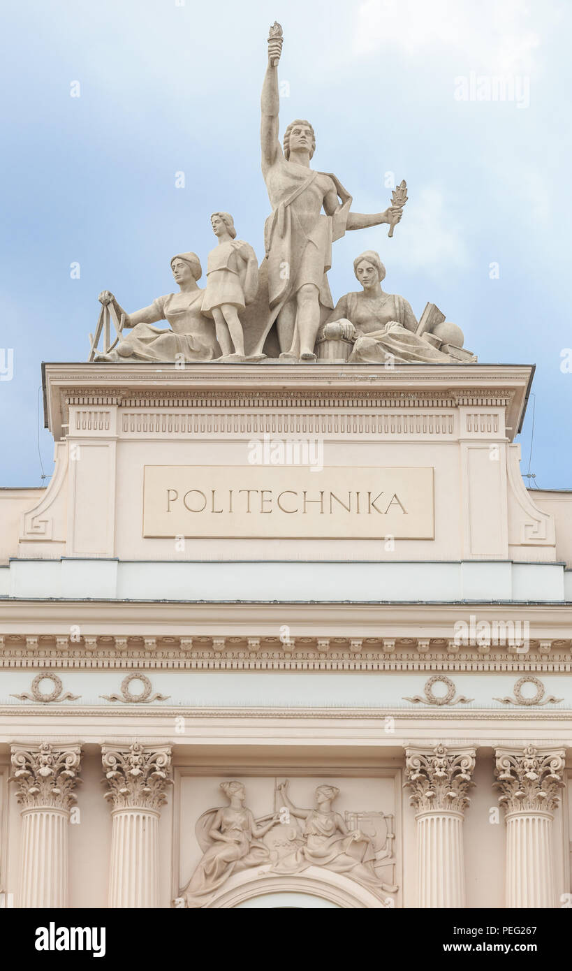 Fragment of  facade of Main Buiding of Warsaw University of Technology ( Politechnika Warszawska)built according to design of Stefan Szyller in 1901 Stock Photo