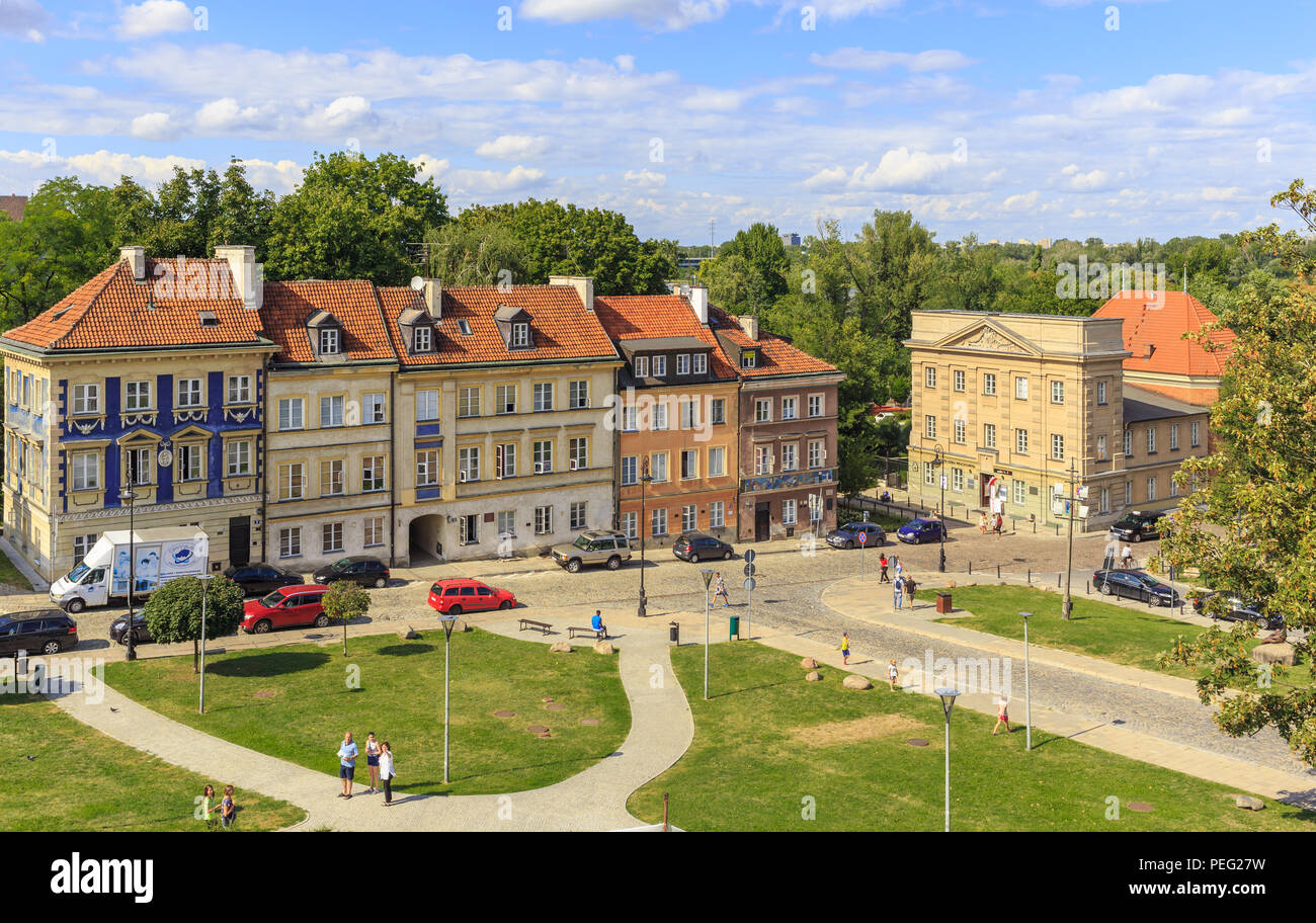 View of tenements at Mostowa Street in  New Town in Warsaw. Last on right is  building of Stara Prochownia Theater Stock Photo