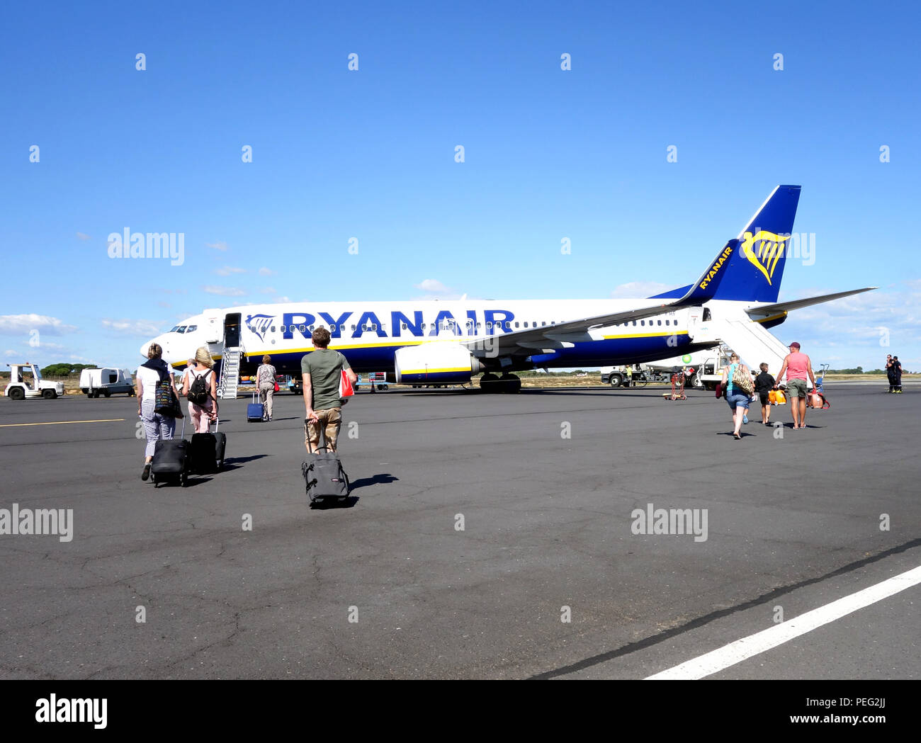 Passengers walking across the tarmac towards their homeward flight on a