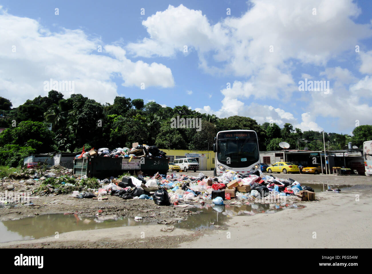 Example of waste collection areas in neighborhoods of San Miguelito. Stock Photo