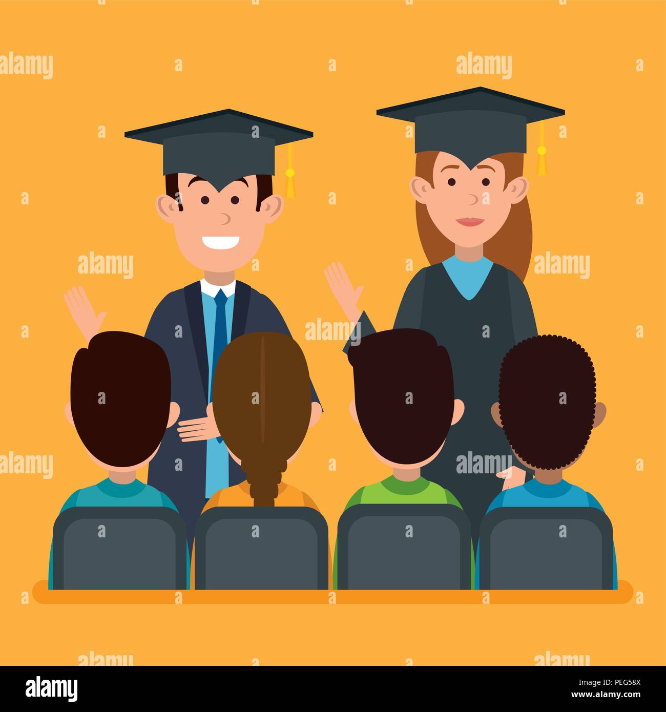 couple students graduation with group persons vector illustration ...