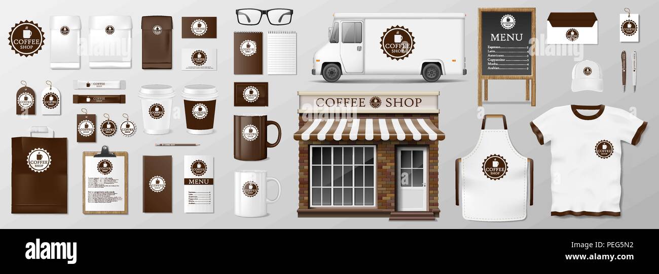 Mockup set for coffee shop, cafe or restaurant. Coffee food package for corporate identity design. Realistic set of cardboard, Food delivery truck, cup, pack, shirt, menu Stock Vector