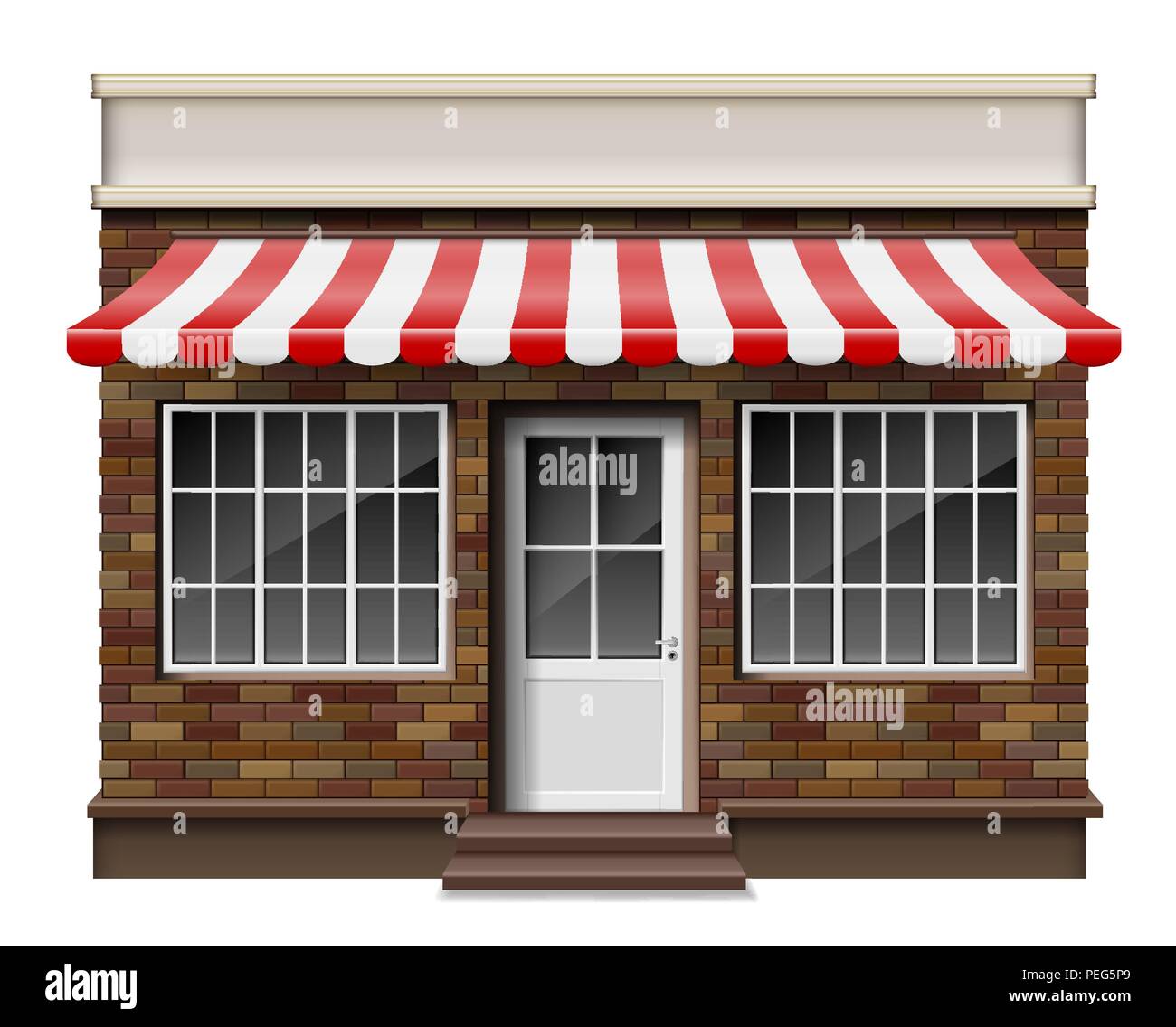 Brick small 3d store or boutique front facade. Exterior boutique shop with window. Mockup of realistic street shop isolated. Vector illustration Stock Vector