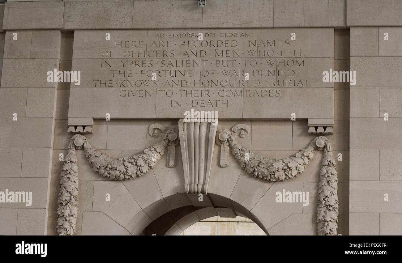 Introductory inscriprition on Menin Gate 'memorial to the missing' in Ypres Stock Photo