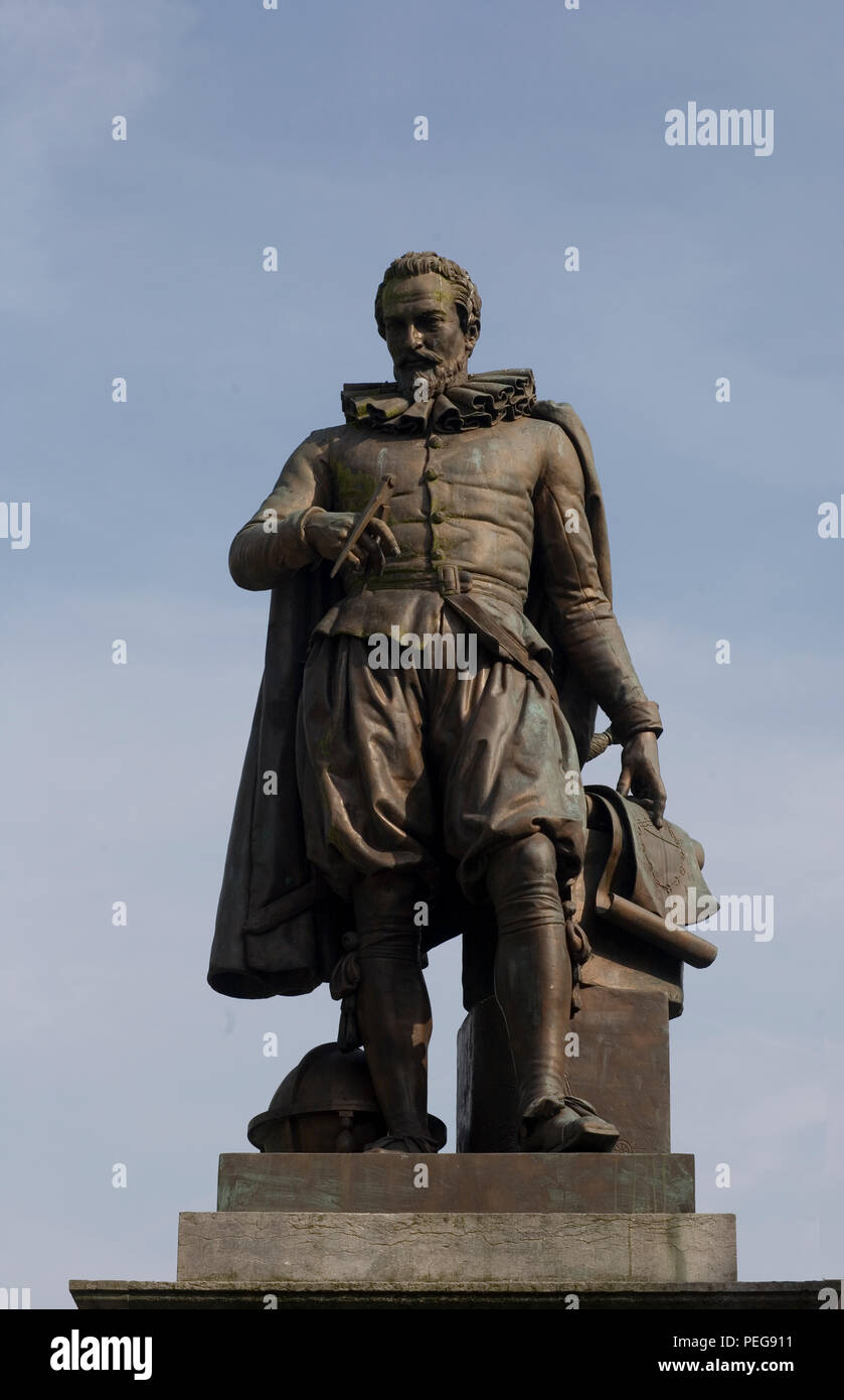 Statue of Simon Stevin in Simon Stevin square in Bruges Stock Photo
