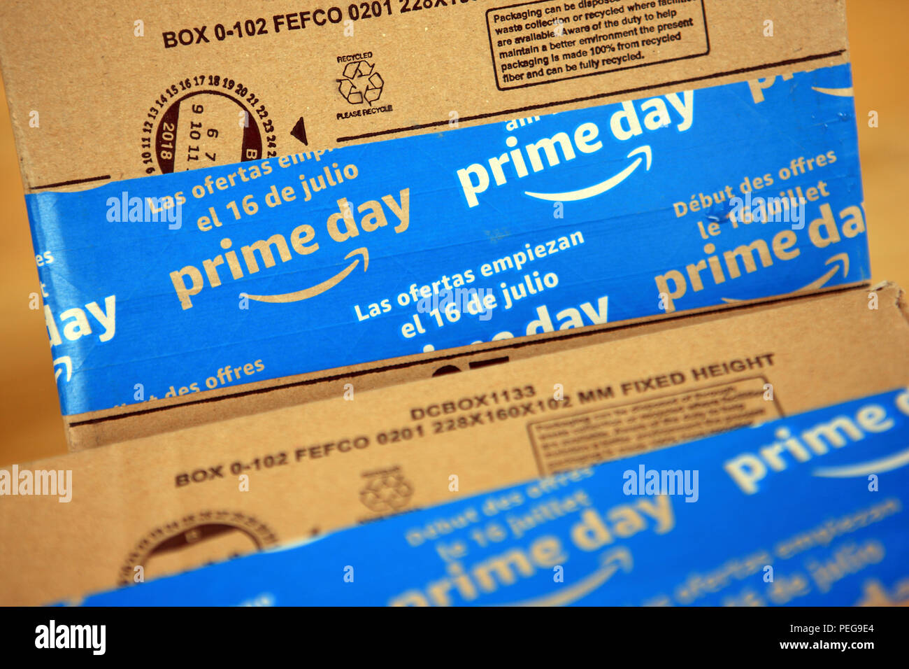 Amazon Prime Day labels showing the date of 16 July in various languages Stock Photo