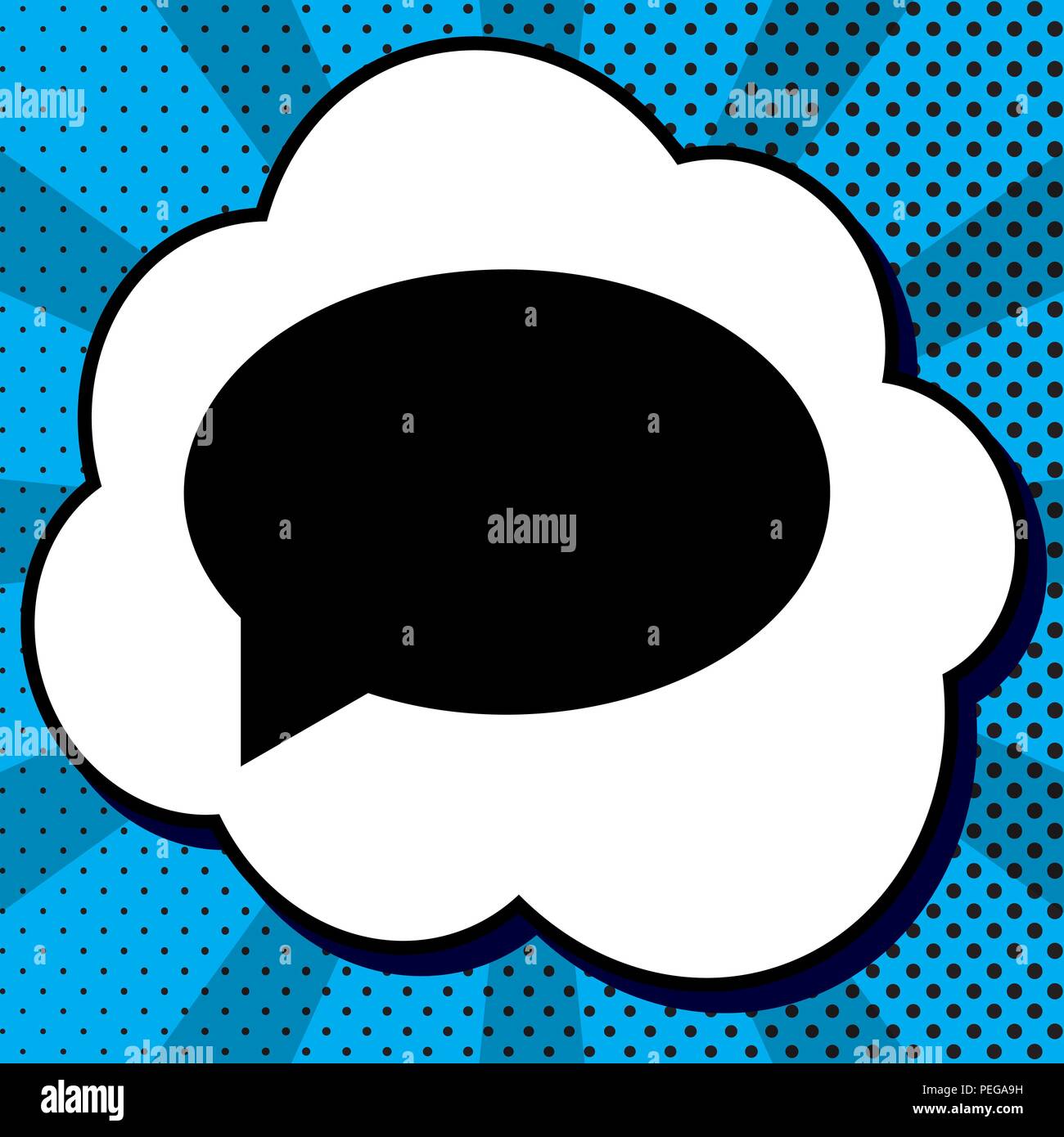 Speech bubble icon. Vector. Black icon in bubble on blue pop-art background with rays. Stock Vector