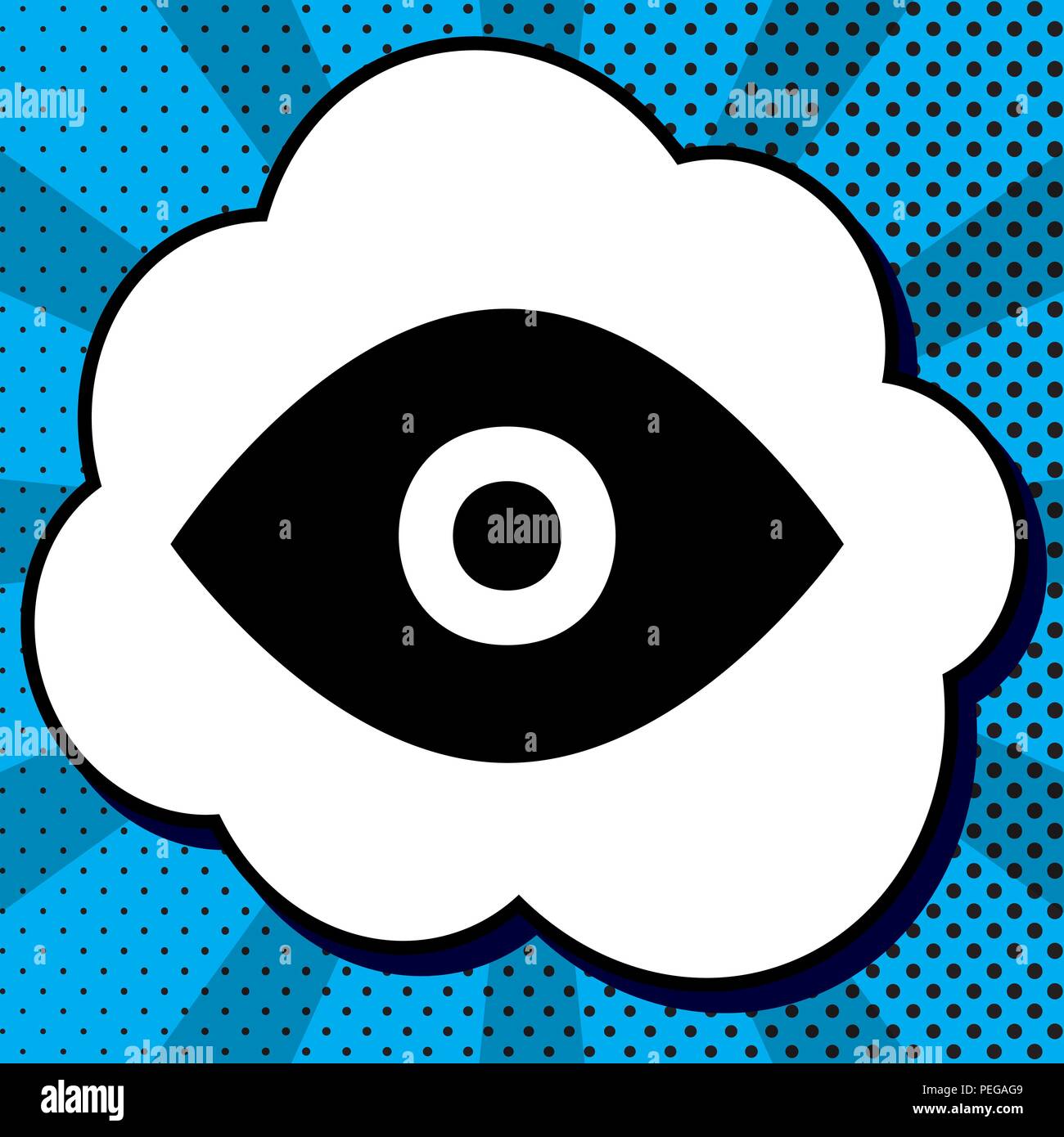 Eye sign illustration. Vector. Black icon in bubble on blue pop-art background with rays. Stock Vector