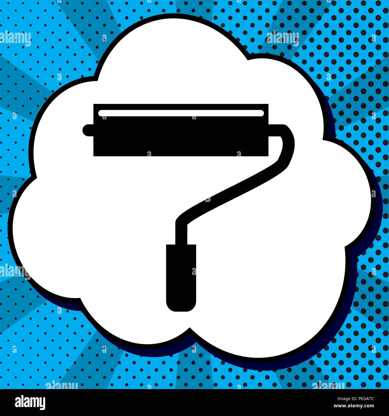Roller sign illustration. Vector. Black icon in bubble on blue pop-art ...