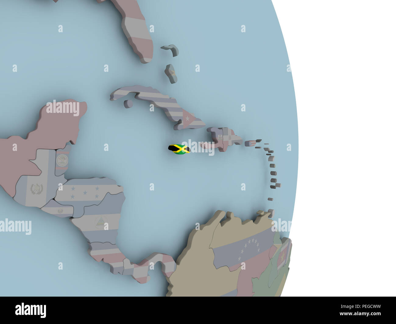 Jamaica with embedded national flag on political globe. 3D illustration ...