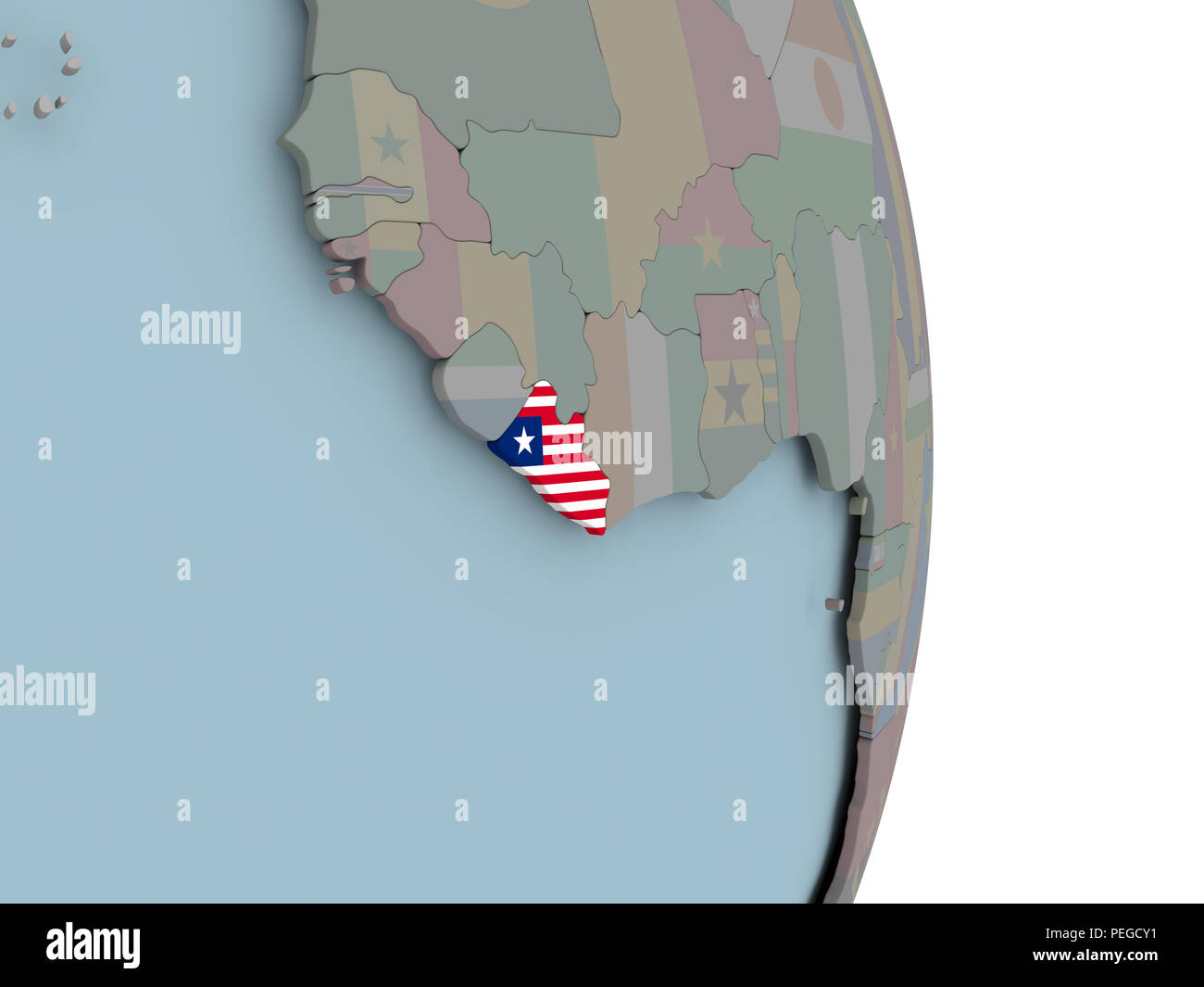 Liberia with embedded national flag on political globe. 3D illustration ...