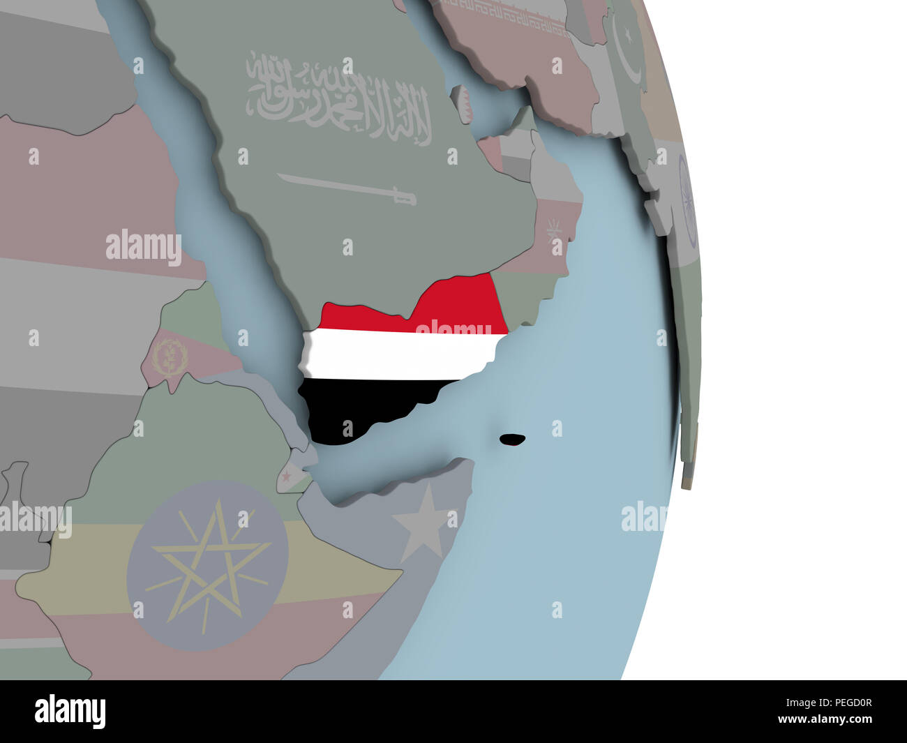 Yemen with embedded national flag on political globe. 3D illustration ...