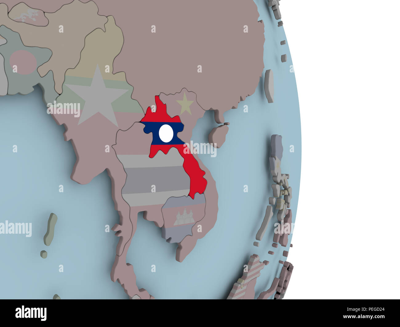 Laos with embedded national flag on political globe. 3D illustration ...