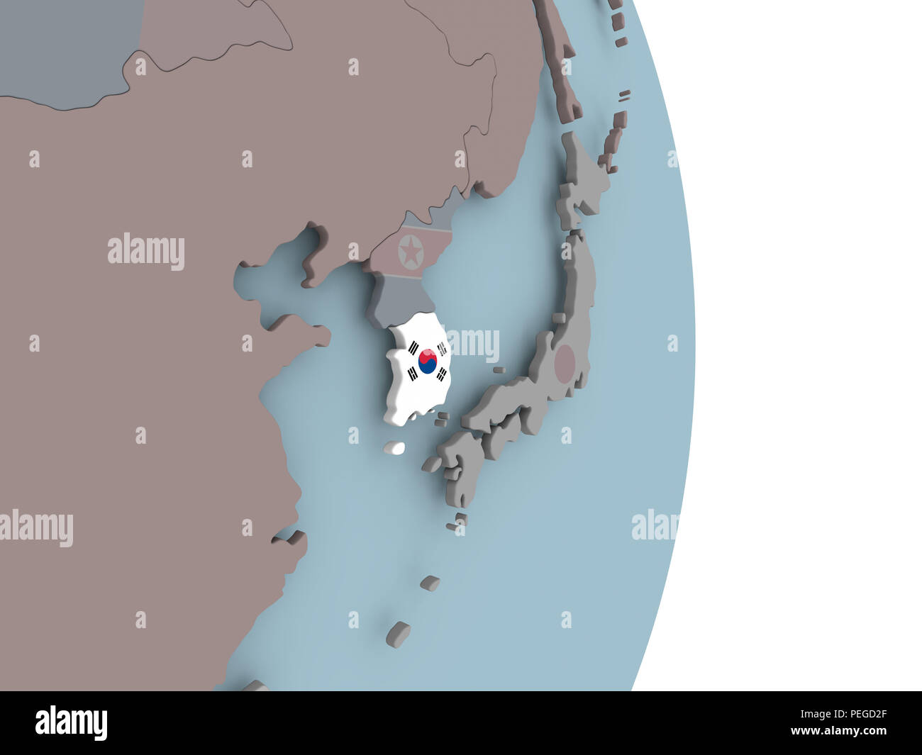 South Korea with embedded national flag on political globe. 3D ...