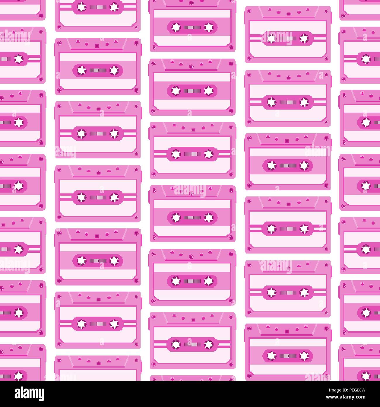 Vintage seamless pattern with analogue music cassettes. 80s Loopable background with magnetic audio tapes Stock Vector