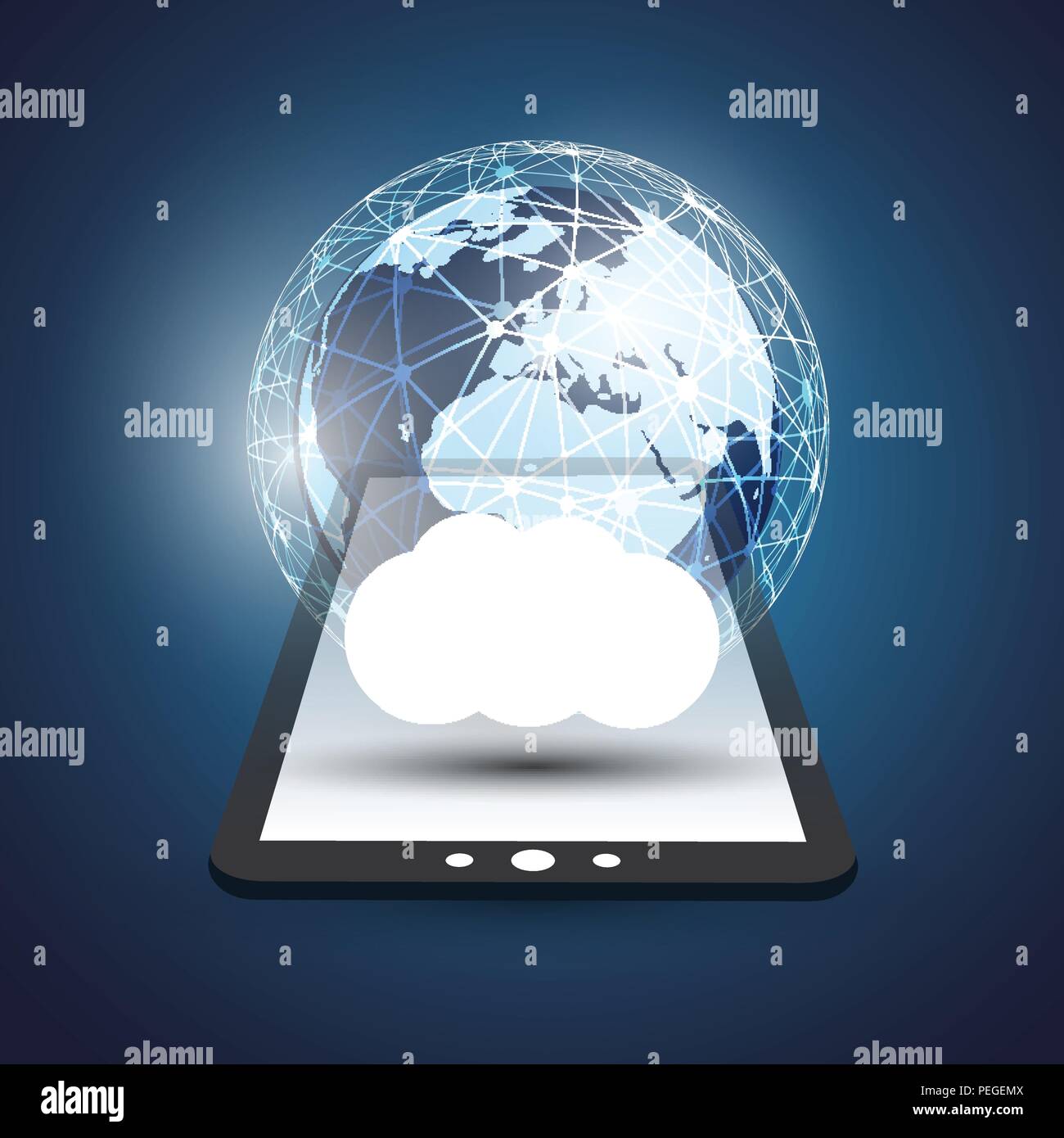 Cloud Computing Design Concept - Digital Network Connections, Technology Background with Earth Globe and Tablet PC Stock Vector