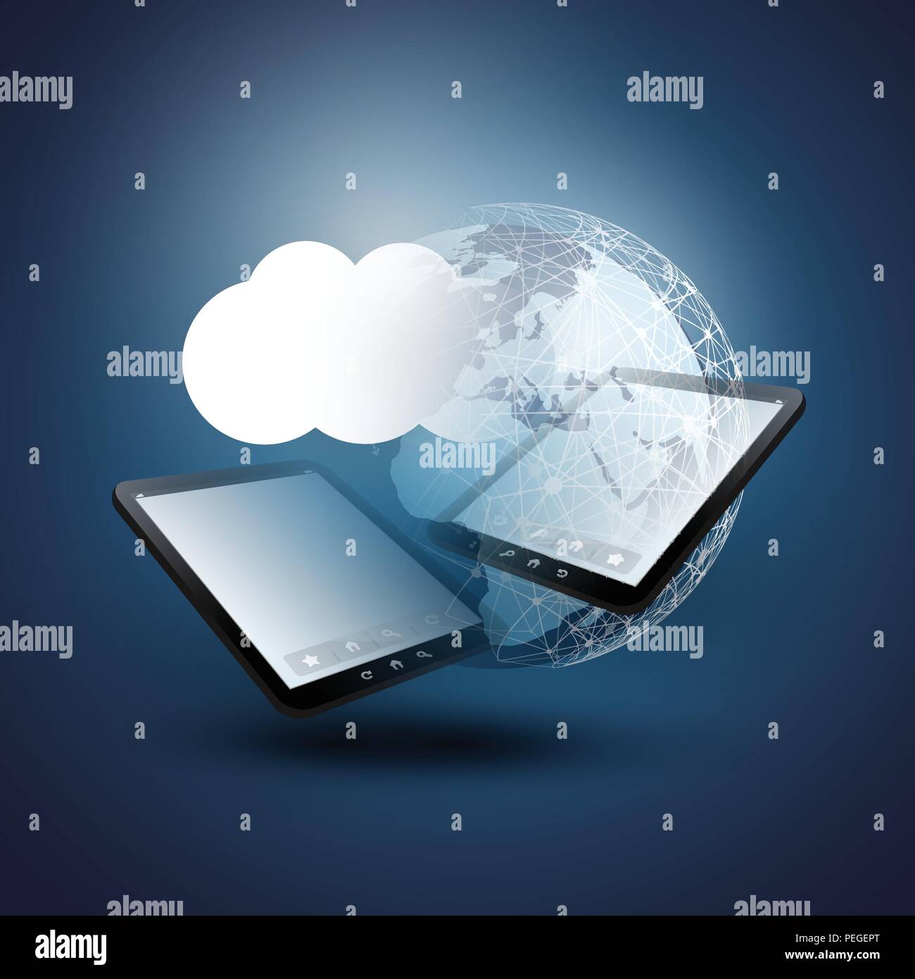 Cloud Computing Design Concept - Digital Network Connections, Technology Background with Earth Globe and Tablet PC Stock Vector