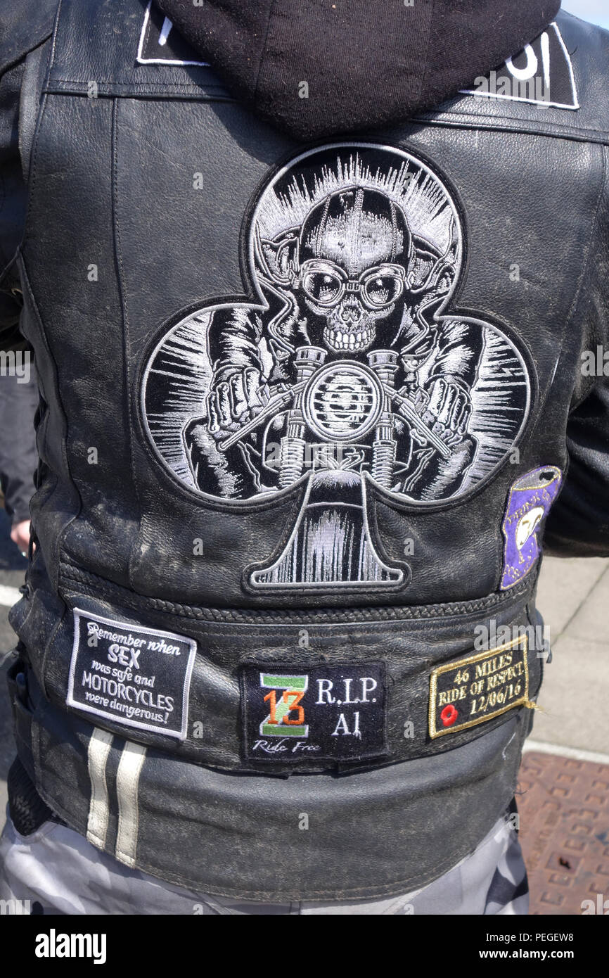 fierce leather jacket at annual May day bike run, 1 May 2017, Hastings,  East Sussex United Kingdom Stock Photo - Alamy