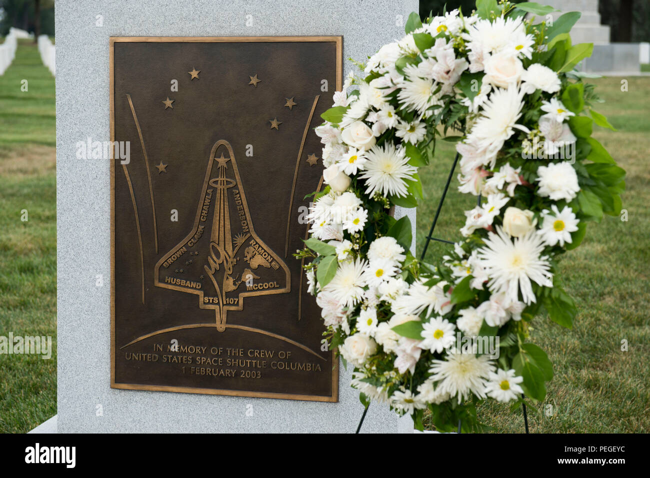 A wreath laid by Chief Minister of Haryana, India Manohar Lal Khattar rests next to the Space Shuttle Columbia Memorial near the Memorial Amphitheater in Arlington National Cemetery, Aug. 18, 2015, in Arlington, Va. Kalpana Chawla, one of seven crew members killed during the Columbia disaster, was born in Karnal, India and was posthumously awarded the Congressional Space Medal of Honor, the NASA Space Flight Medal, and the NASA Distinguished Service Medal. (U.S. Army photo by Rachel Larue/released) Stock Photo