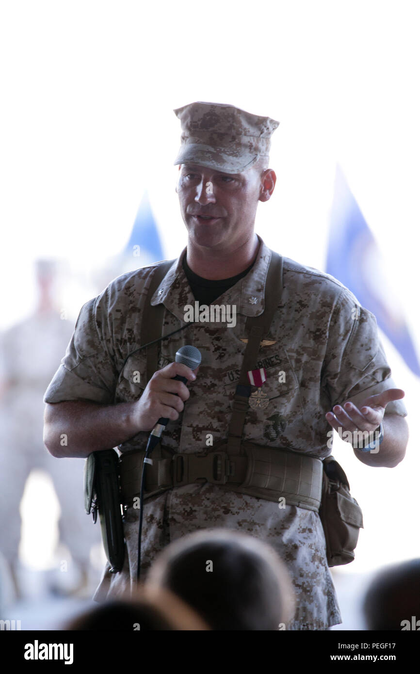 U.S. Marine Corps, Marine Fighter Attack Squadron 121 (VMFA-121) LtCol. Steve  Gillette gives his speech aboard Marine Corps Air Station Yuma, Ariz., on  Aug. 14, 2015. LtCol. Steve Gillette relinquishes command to