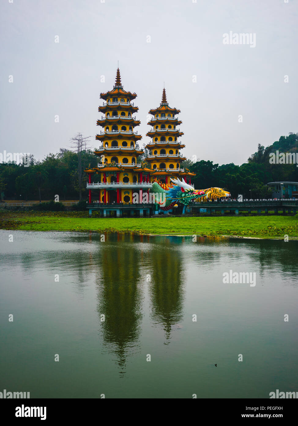 Dragon and Tiger Pagodas at lotus pond lake in Kaohsiung Taiwan Stock Photo