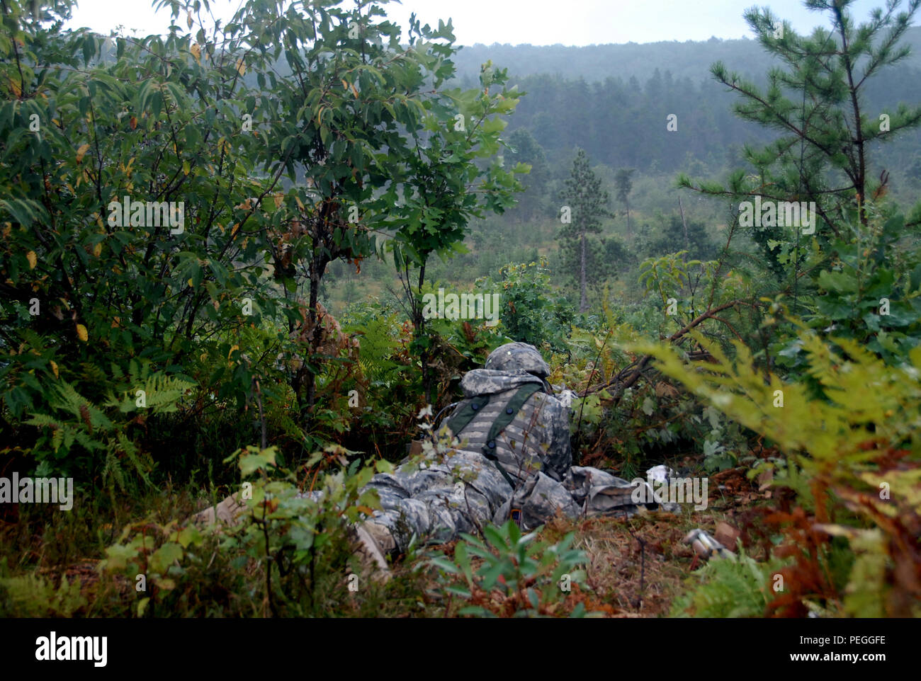 A Michigan National Guard infantry Soldier from the Detroit-based Company A, 1st Battalion, 125th Infantry Regiment defends a position during training at Camp Grayling, Joint Maneuver Training Center, Grayling, Mich., Aug. 18, 2015. The Soldiers are participating in the exportable combat training capability program designed to certify platoon proficiency in coordination with First Army. (U.S. Air National Guard photo by 2nd Lt. Cammy Alberts/Released) Stock Photo