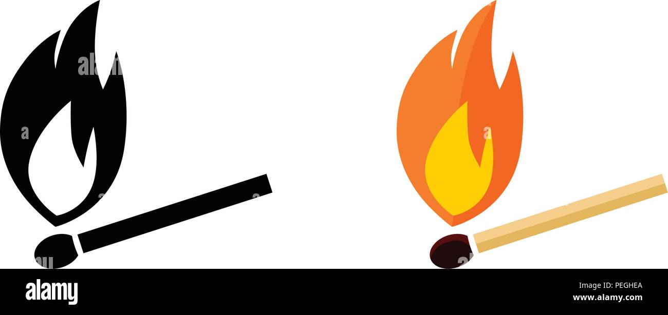 Simple burning match icon. Black and white, color version. Stock Vector