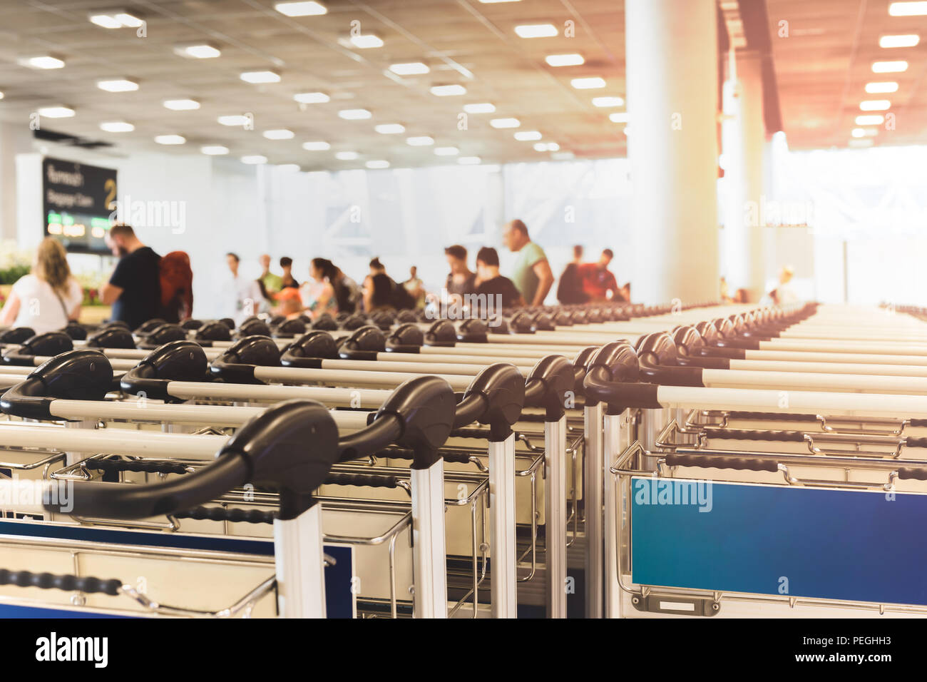 Row of luggage carts in the airport with passenger in background Stock