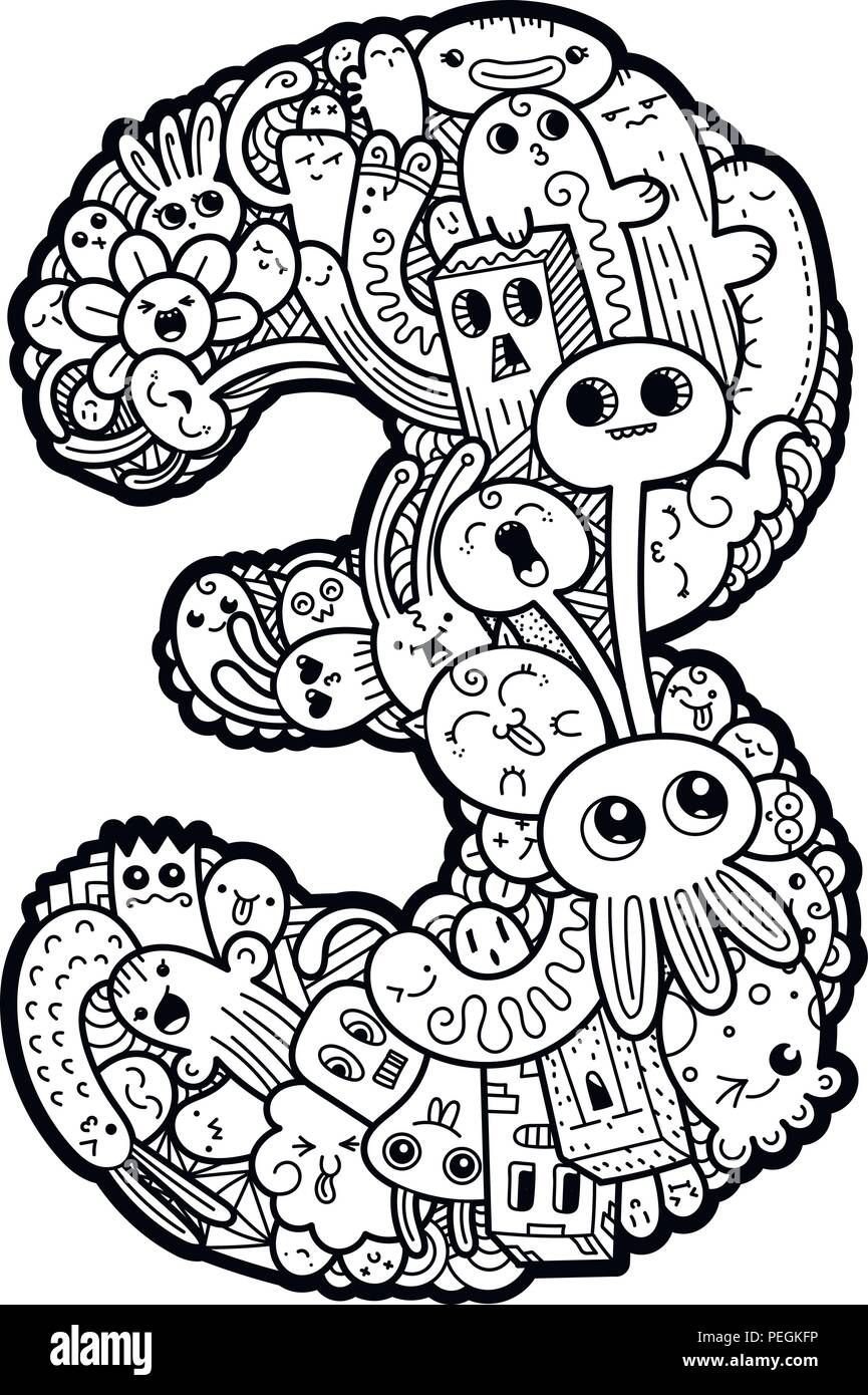 Number Three. Hand drawn doodled kids numbers. Cute monstred