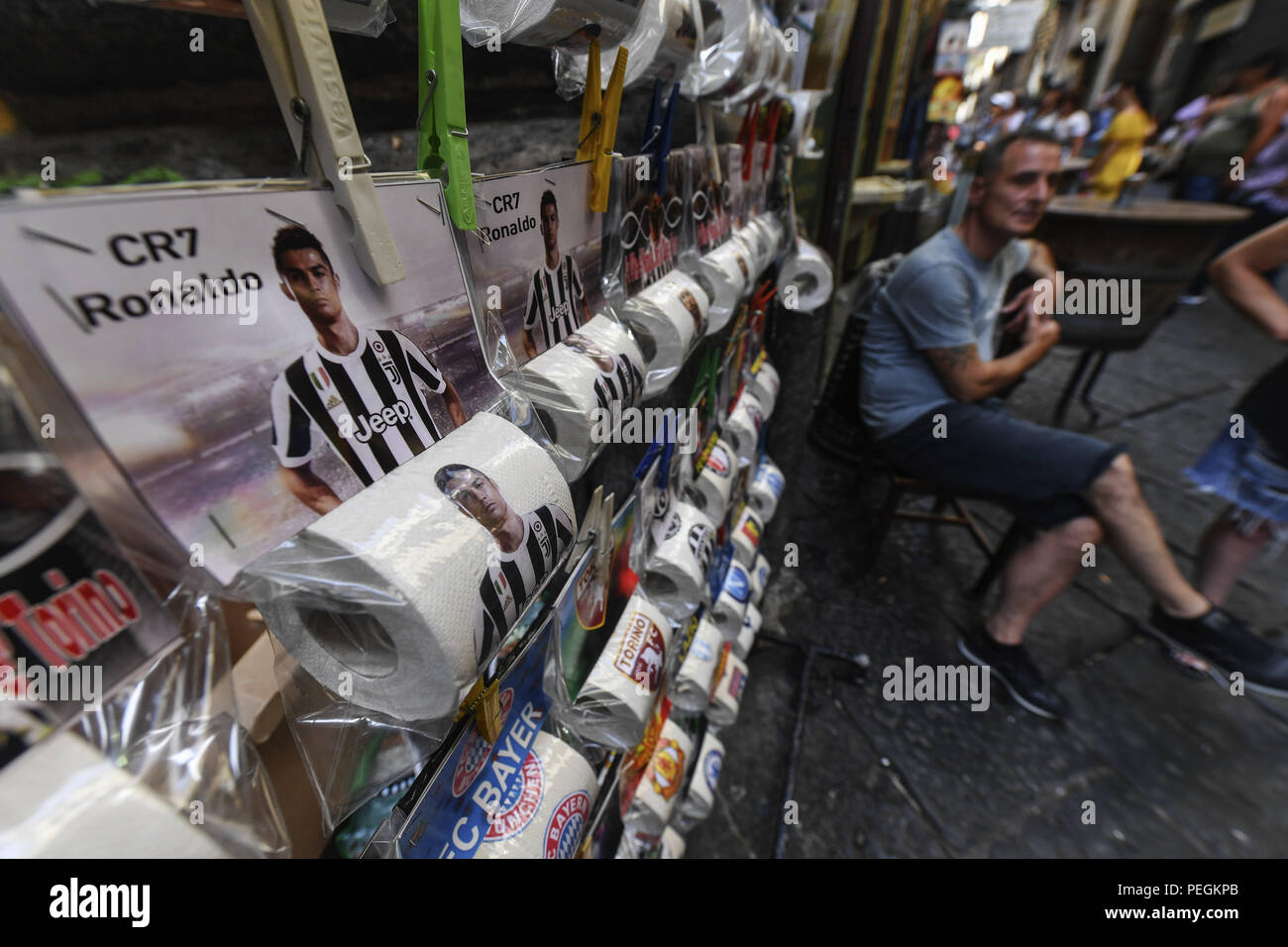 Toilet paper bearing the image of new Juventus signing Cristiano Ronaldo on  the stalls of a market in the centre of Naples, Italy. Featuring:  atmosphere Where: Naples, Campania, Italy When: 14 Jul