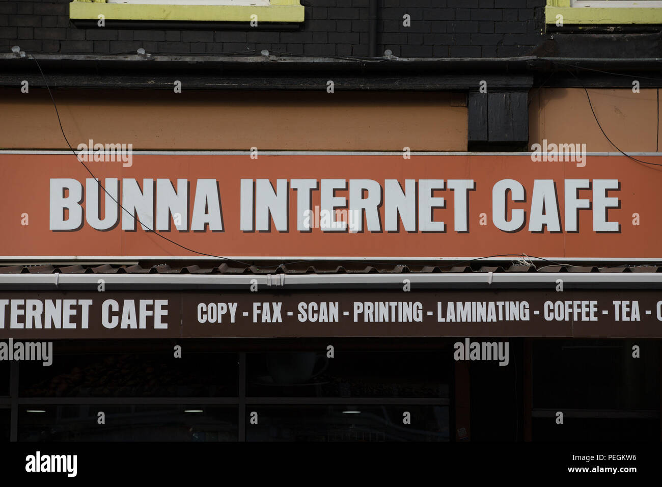 A sign outside the Bunna Internet Cafe in Stratford Road in Sparkbrook, Birmingham. There was a police presence near the cafe on Tuesday but it was not confirmed whether that was in relation to the probe into the suspected terror attack on Westminster. Stock Photo